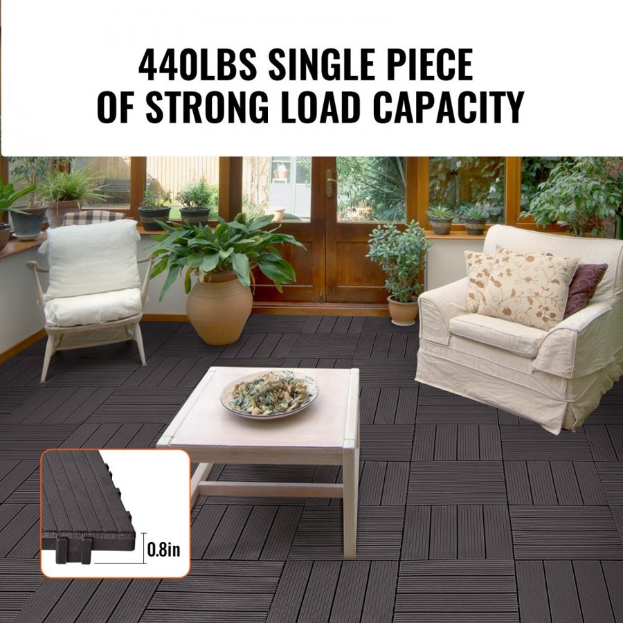 VEVOR Interlocking Deck Tiles, 54 Pack,12"x12" 54 sq. ft Plastic Waterproof Outdoor Flooring All Weather Use, Patio Floor Decking Covering Tiles for Porch Poolside Balcony Backyard, Dark Brown