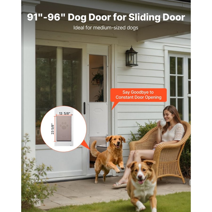 VEVOR Dog Door for Sliding Glass Door, 2311-2439 mm Adjustable Height, Aluminum Alloy Frame with Metal Rotating Hinges, Secure Lock Design, 346 x 600 mm Flap, Sliding Glass Pet Door for Renters