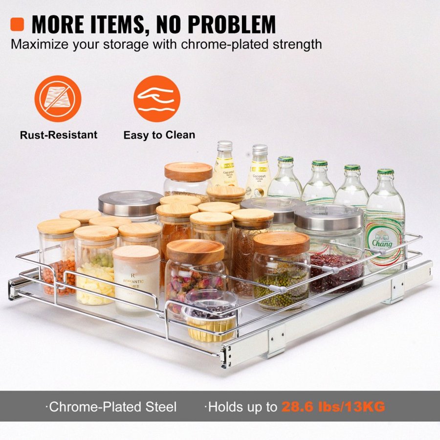 VEVOR 50.8 cm W x 53.3 cm D Pull Out Cabinet Organizer, Heavy Duty Slide Out Pantry Shelves, Chrome-Plated Steel Roll Out Drawers, Sliding Drawer Storage for Home, Inside Kitchen Cabinet, Bathroom, Under Sink