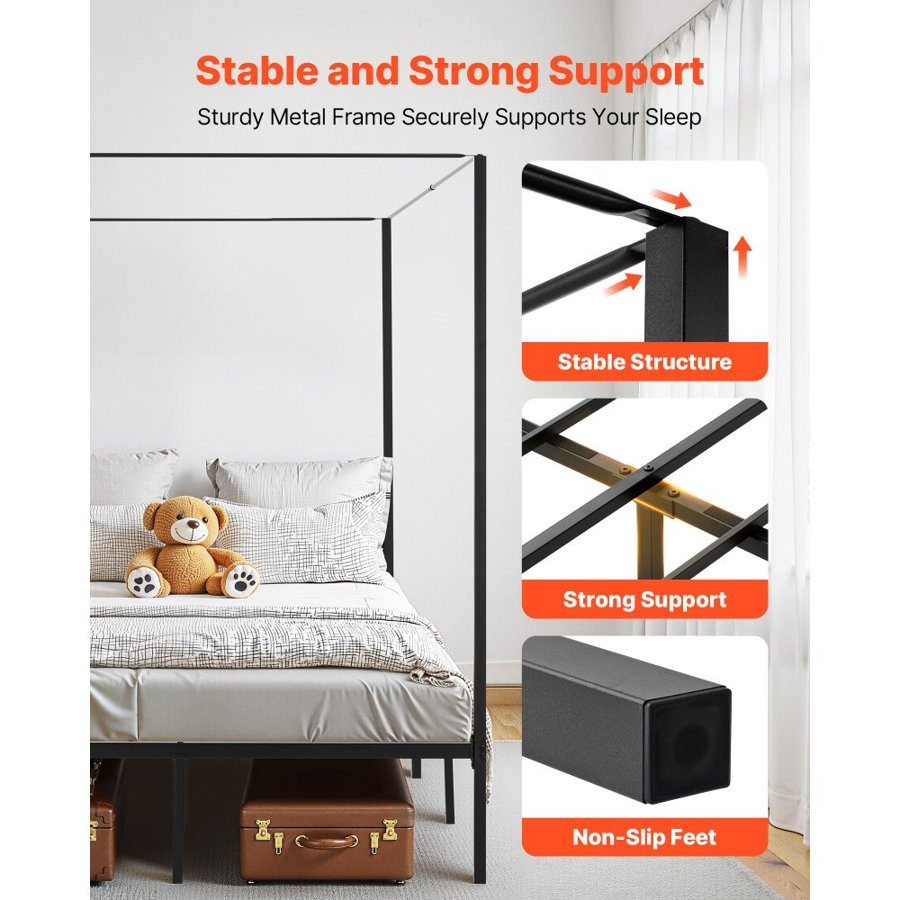 VEVOR Queen Size Canopy Bed Frame, Metal Canopy Bed with Four Posters Design, Heavy Duty Steel Slats Support, Underbed Storage Space, No Box Spring Needed, Easy Assembly, Black