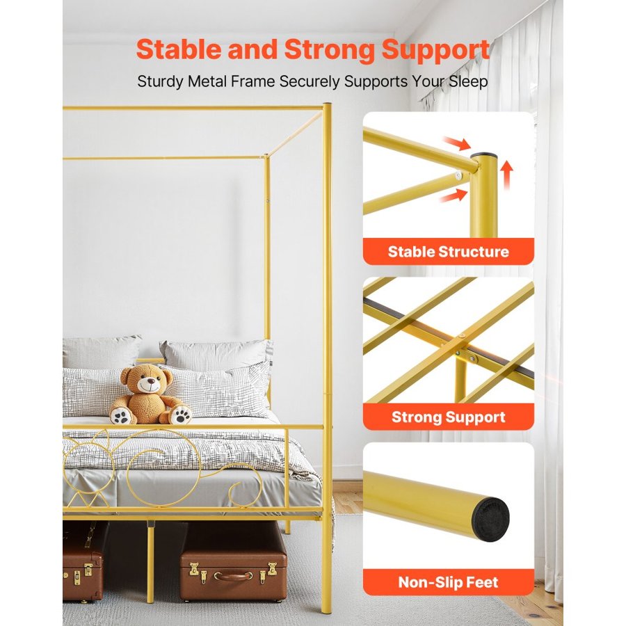 VEVOR Full Size Canopy Bed Frame, Metal Canopy Bed with Minimalist Headboard & Four Posters Design, Heavy Duty Steel Slats Support, Underbed Storage Space, No Box Spring Needed, Easy Assembly, Gold
