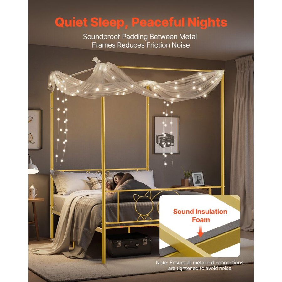 VEVOR Full Size Canopy Bed Frame, Metal Canopy Bed with Minimalist Headboard & Four Posters Design, Heavy Duty Steel Slats Support, Underbed Storage Space, No Box Spring Needed, Easy Assembly, Gold