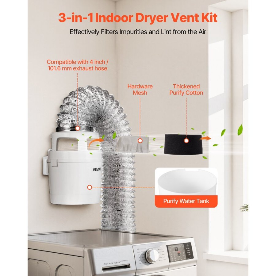 VEVOR 3-in-1 Indoor Dryer Vent Kit, with Bucket for Electric Dryer with 101.6 mm by 5-Feet Extendable Exhaust Hose, Premium Quality & Light Weight & No Extra Accessories Required for Apartments, RVs
