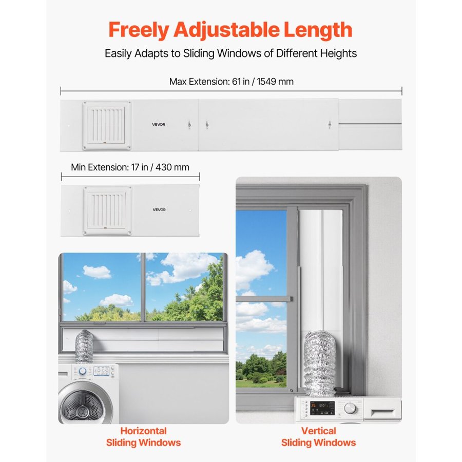 VEVOR Dryer Vent Window Kit, Fits 101.6 mm Exhaust Hoses, Adjustable Length for Adapts Sliding Windows of Different Heights, Sturdy PVC and PP Materials, Dual Protections & Multi-layer Sealing Design