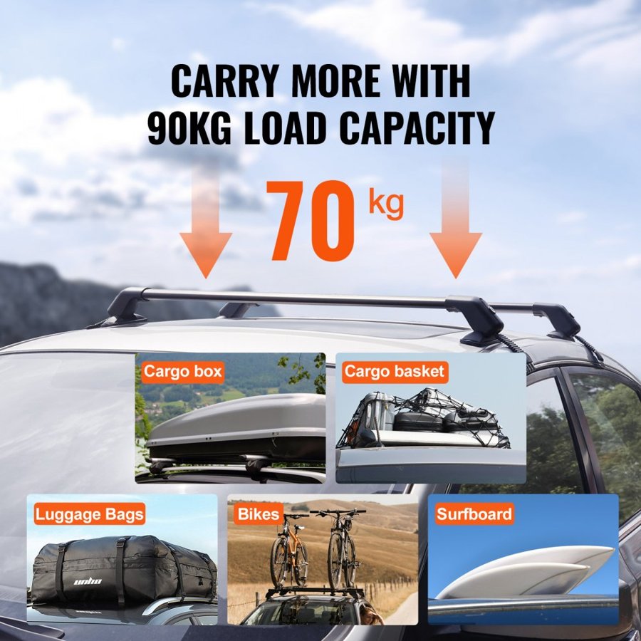 VEVOR Universal Roof Rack Cross Bars, Thickened Aluminum Roof Rack Crossbars, Fit Roof Without Side Rail, 70KG Load Capacity, Adjustable Bare Roof Crossbars with Locks, for SUVs, Sedans, and Vans