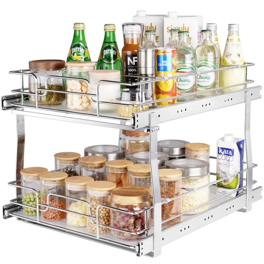 VEVOR 2 Tier 41 cm x 53.3 cm Pull Out Cabinet Organizer, Heavy Duty Slide Out Pantry Shelves, Chrome-Plated Steel Roll Out Drawers, Sliding Drawer Storage for Inside Kitchen Cabinet, Bathroom, Under Sink