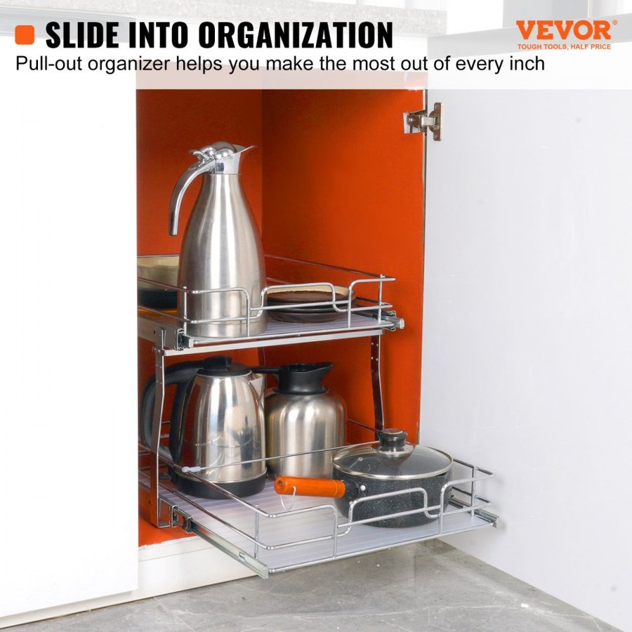 VEVOR 2 Tier 41 cm x 53.3 cm Pull Out Cabinet Organizer, Heavy Duty Slide Out Pantry Shelves, Chrome-Plated Steel Roll Out Drawers, Sliding Drawer Storage for Inside Kitchen Cabinet, Bathroom, Under Sink