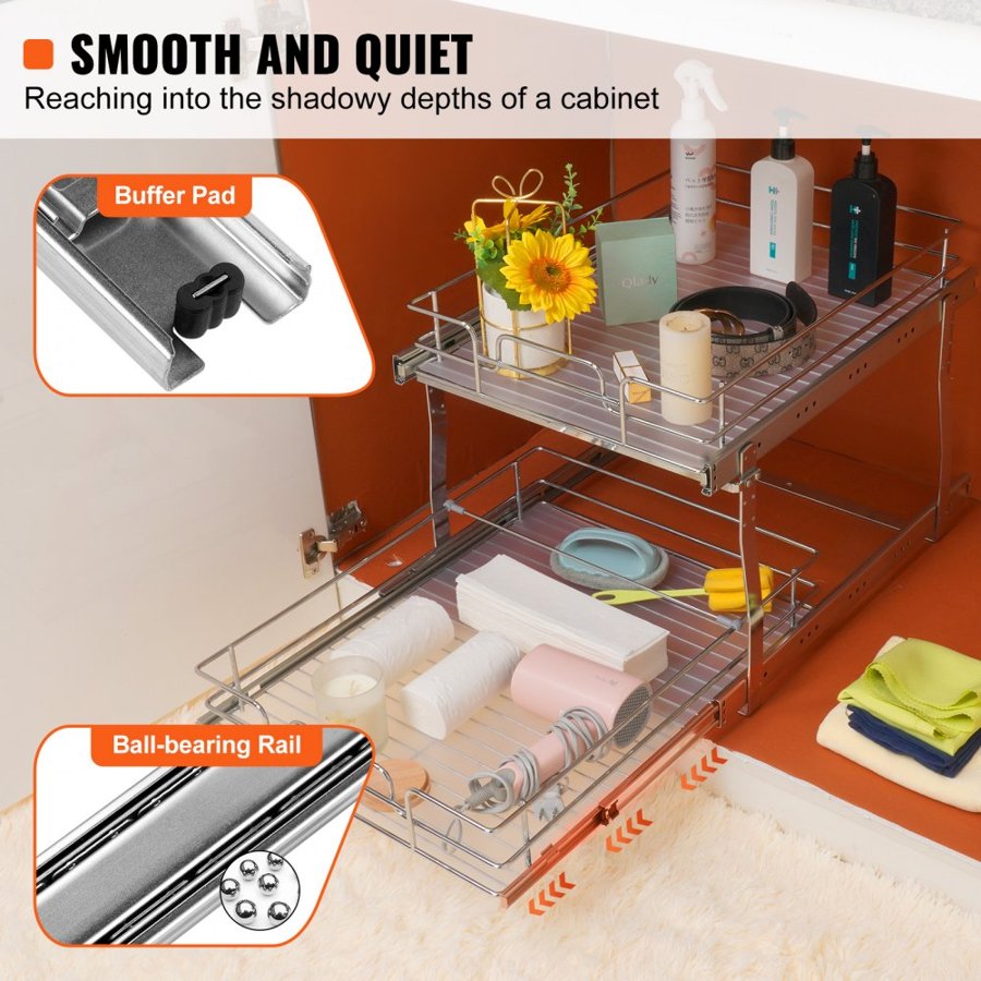 VEVOR 2 Tier 41 cm x 53.3 cm Pull Out Cabinet Organizer, Heavy Duty Slide Out Pantry Shelves, Chrome-Plated Steel Roll Out Drawers, Sliding Drawer Storage for Inside Kitchen Cabinet, Bathroom, Under Sink