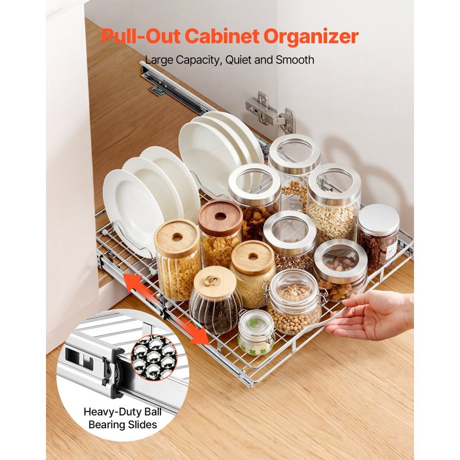 VEVOR Pull Out Cabinet Organizer 500x535 mm (WxD) Steel Slide Out Drawers, for Kitchen Bathroom Pantry Home Organization, Chrome-Plated Finish, Heavy Duty Storage Sliding Shelves for Base Cabinets