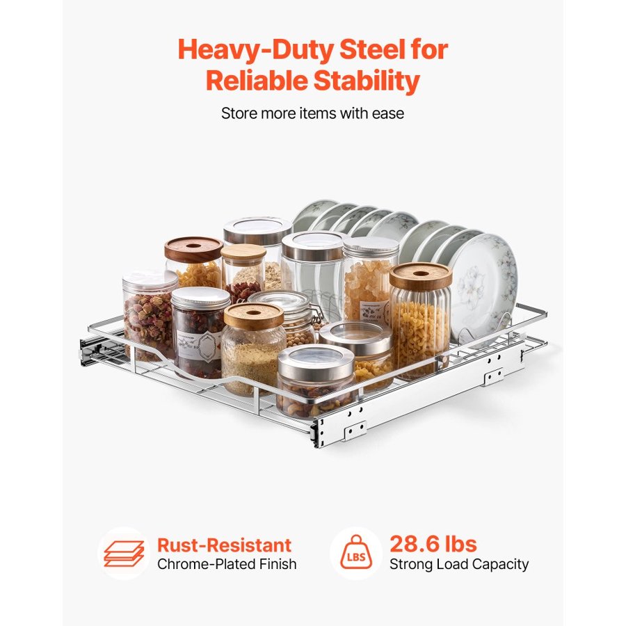 VEVOR Pull Out Cabinet Organizer 500x535 mm (WxD) Steel Slide Out Drawers, for Kitchen Bathroom Pantry Home Organization, Chrome-Plated Finish, Heavy Duty Storage Sliding Shelves for Base Cabinets