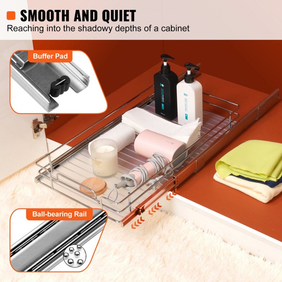 VEVOR 30.5 cm W x 43.2 cm D Pull Out Cabinet Organizer, Heavy Duty Slide Out Pantry Shelves, Chrome-Plated Steel Roll Out Drawers, Sliding Drawer Storage for Home, Inside Kitchen Cabinet, Bathroom, Under Sink