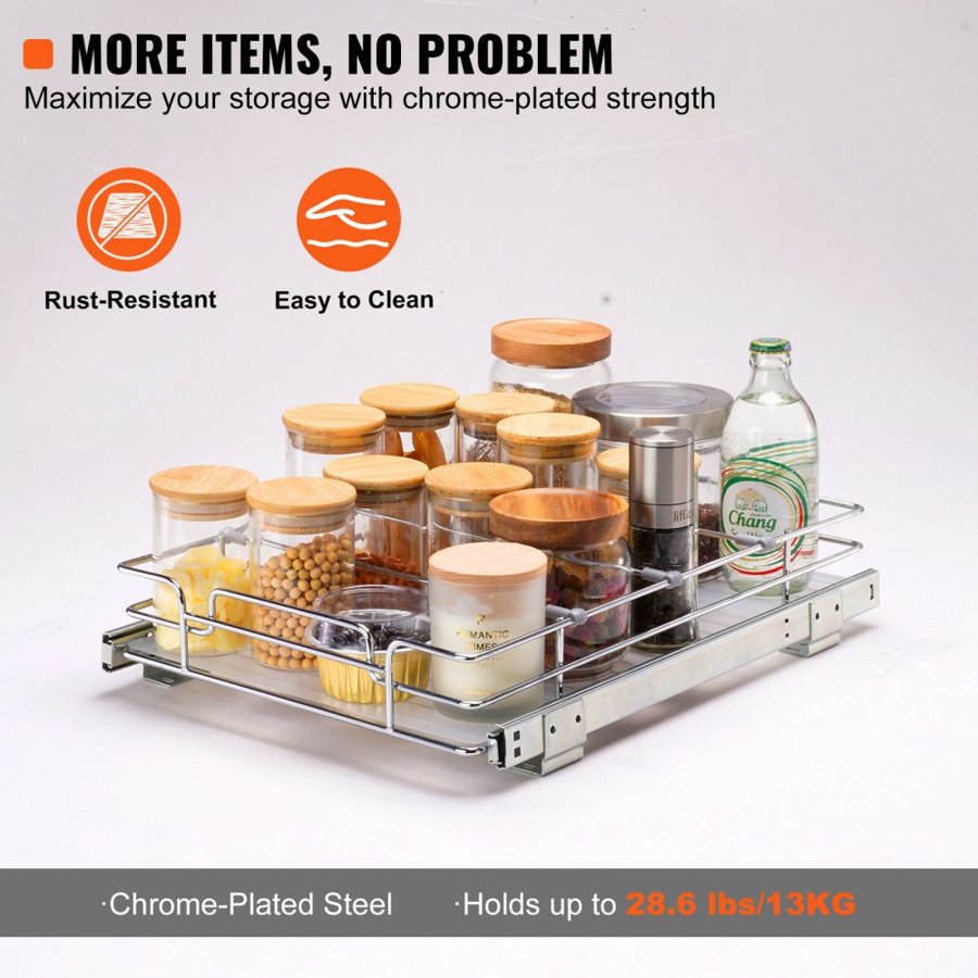 VEVOR 30.5 cm W x 43.2 cm D Pull Out Cabinet Organizer, Heavy Duty Slide Out Pantry Shelves, Chrome-Plated Steel Roll Out Drawers, Sliding Drawer Storage for Home, Inside Kitchen Cabinet, Bathroom, Under Sink