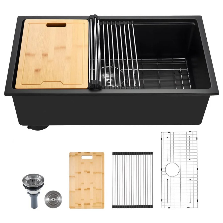 VEVOR 76 cm Kitchen Sink Workstation, Undermount Granite Sink, Drop-In Single Bowl Farmhouse Basin with Multiple Accessories, Household Dishwasher Sinks for RV, Prep Kitchen, and Bar (Black)