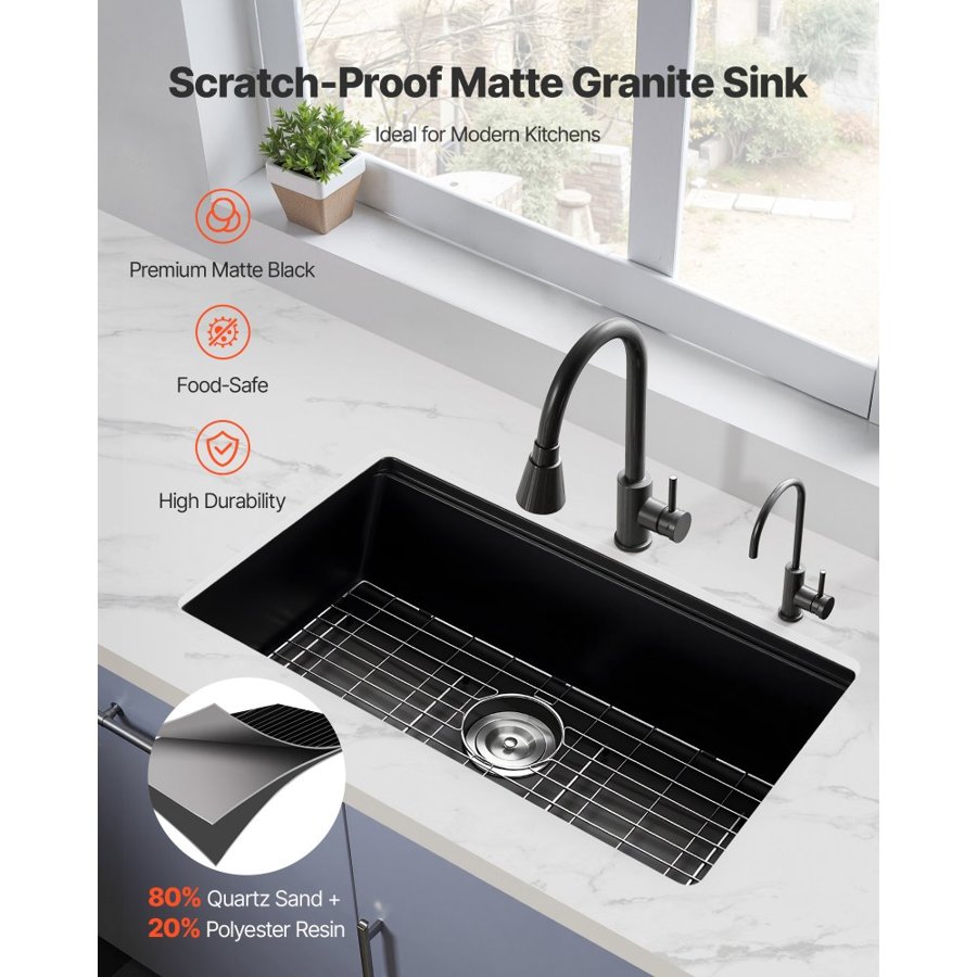 VEVOR 76 cm Kitchen Sink Workstation, Undermount Granite Sink, Drop-In Single Bowl Farmhouse Basin with Multiple Accessories, Household Dishwasher Sinks for RV, Prep Kitchen, and Bar (Black)