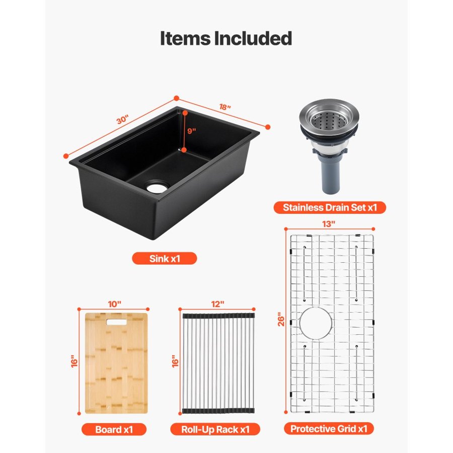 VEVOR 76 cm Kitchen Sink Workstation, Undermount Granite Sink, Drop-In Single Bowl Farmhouse Basin with Multiple Accessories, Household Dishwasher Sinks for RV, Prep Kitchen, and Bar (Black)