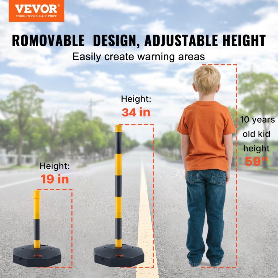 VEVOR Adjustable Traffic Delineator Post Cones, 6 Pack, Traffic Safety Delineator Barrier with Fillable Base 2.44 m Chain, for Traffic Control Warning Parking Lot Construction Caution Roads, Yellow & Black