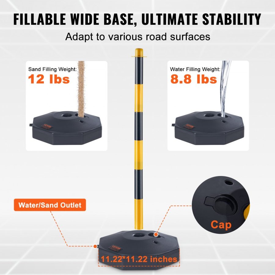 VEVOR Adjustable Traffic Delineator Post Cones, 6 Pack, Traffic Safety Delineator Barrier with Fillable Base 2.44 m Chain, for Traffic Control Warning Parking Lot Construction Caution Roads, Yellow & Black
