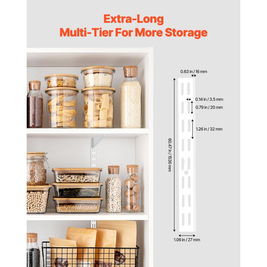 VEVOR Shelf Pilaster, 60-inch 5 Pack, Dual Track Upright Wall Shelving System, Heavy Duty Support System Twin Slot Shelf Rails, 25 Screws, Suitable for Cabinet Closet Organization Storage, Silver