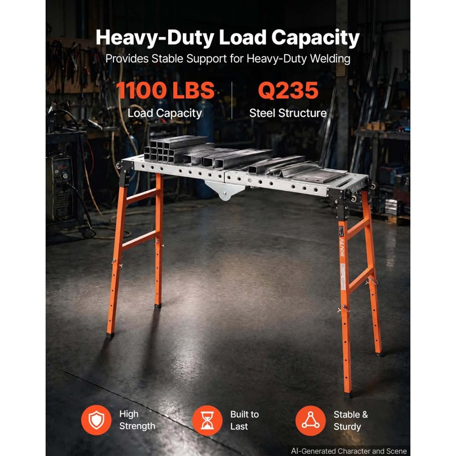 VEVOR 2-in-1 Folding Welding Table 1397 x 355.6mm Work Bench 500kg Capacity, 5-Level Height Adjustable, Heavy-Duty Steel Welding Platform with 4 Wheels, 12 Tool Slots & 14mm Fixture Holes for Workshop
