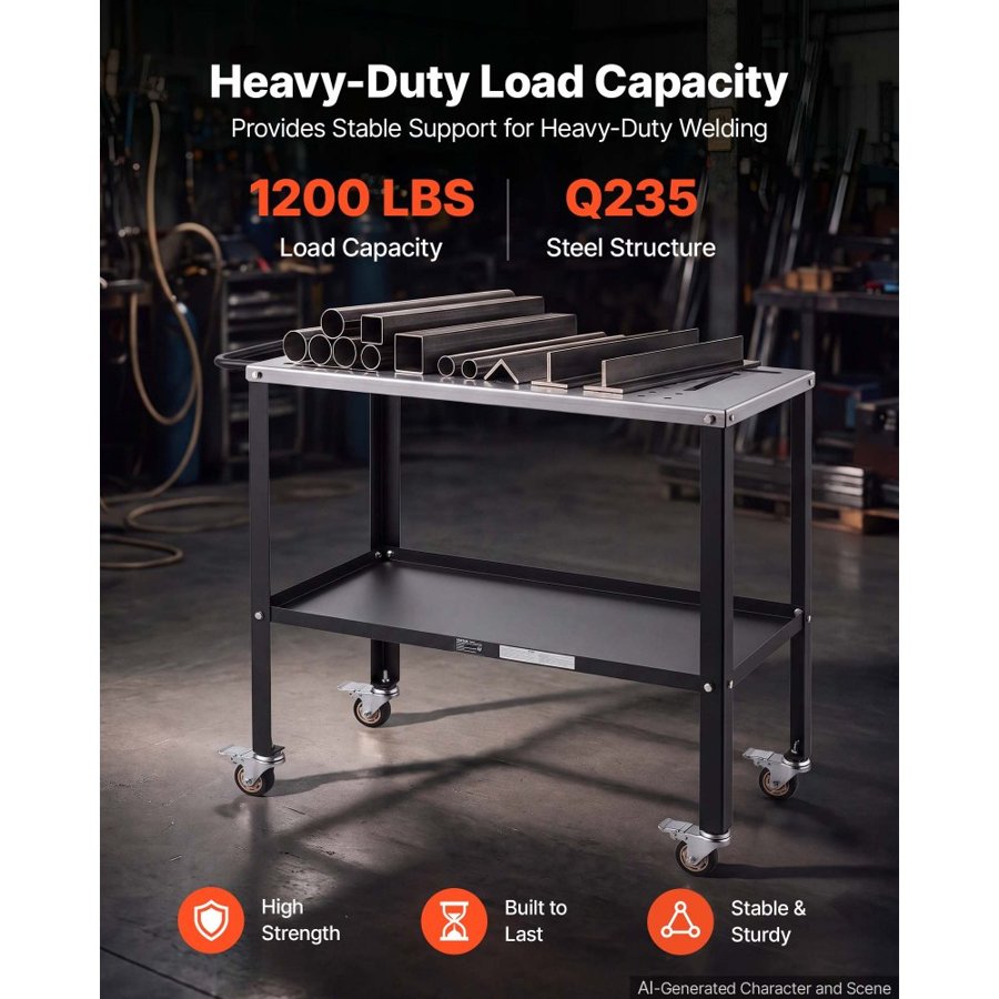 VEVOR Welding Table 914 x 457 mm Movable Welding Workbench 544 kg Capacity, Heavy-Duty Steel Work Table Platform with 4 Lockable Casters, 4 Tool Slots, 16mm Fixture Holes, Tool Tray for Workshops