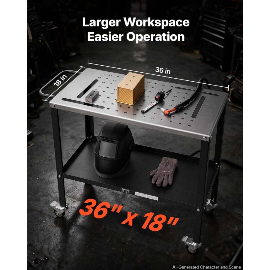 VEVOR Welding Table 914 x 457 mm Movable Welding Workbench 544 kg Capacity, Heavy-Duty Steel Work Table Platform with 4 Lockable Casters, 4 Tool Slots, 16mm Fixture Holes, Tool Tray for Workshops