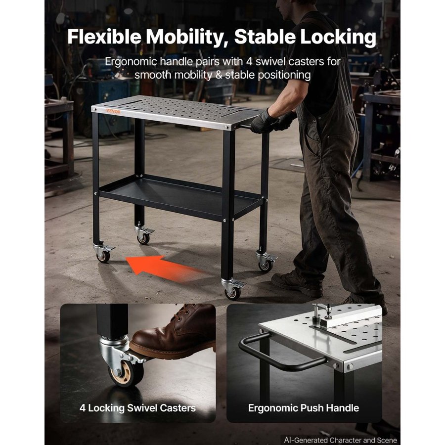 VEVOR Welding Table 914 x 457 mm Movable Welding Workbench 544 kg Capacity, Heavy-Duty Steel Work Table Platform with 4 Lockable Casters, 4 Tool Slots, 16mm Fixture Holes, Tool Tray for Workshops