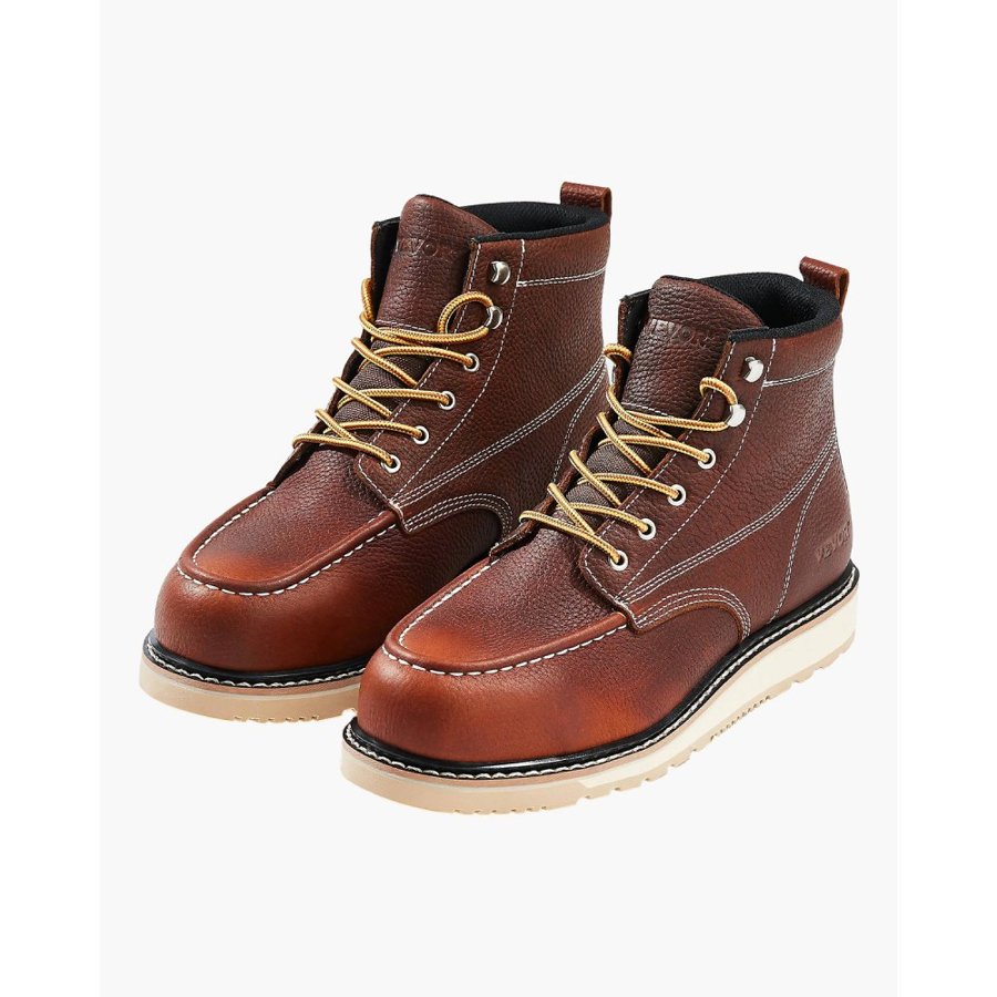 VEVOR Steel Toe Work Boots, UK Size 9.5, Waterproof Moc Toe Work Boots for Men, Slip-Resistant Work Boot, Lightweight and Breathable EVA Rubber Sole Mens Boots for Industry Construction, Brown