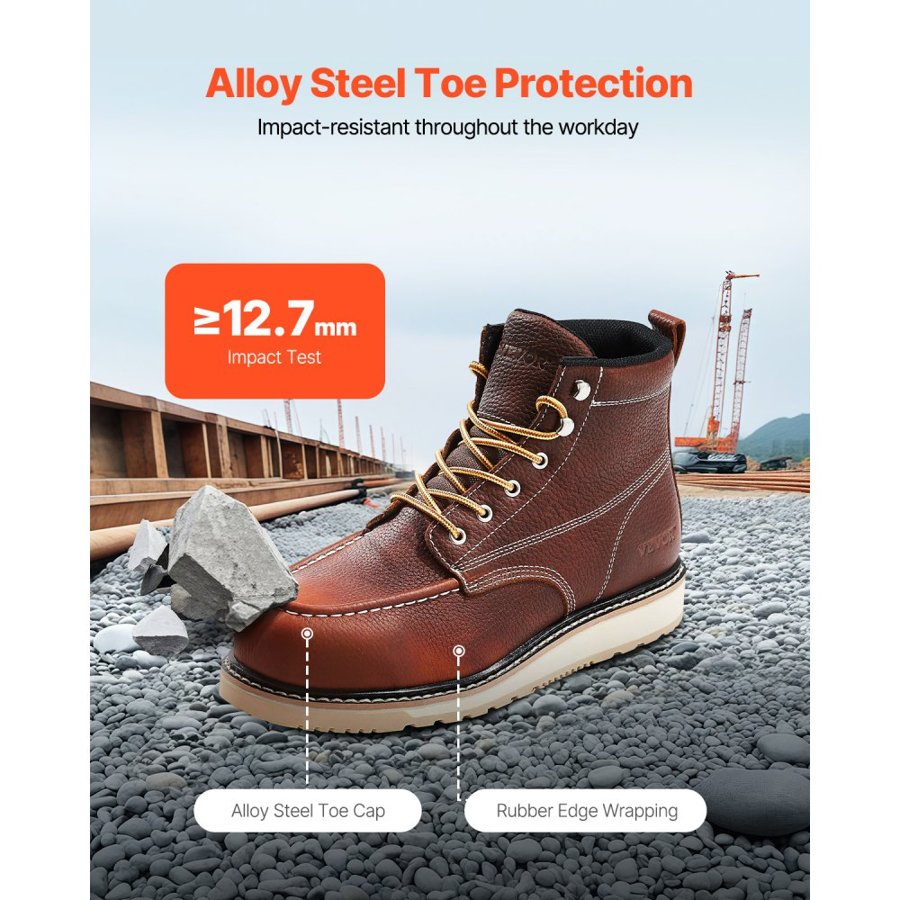 VEVOR Steel Toe Work Boots, UK Size 9.5, Waterproof Moc Toe Work Boots for Men, Slip-Resistant Work Boot, Lightweight and Breathable EVA Rubber Sole Mens Boots for Industry Construction, Brown