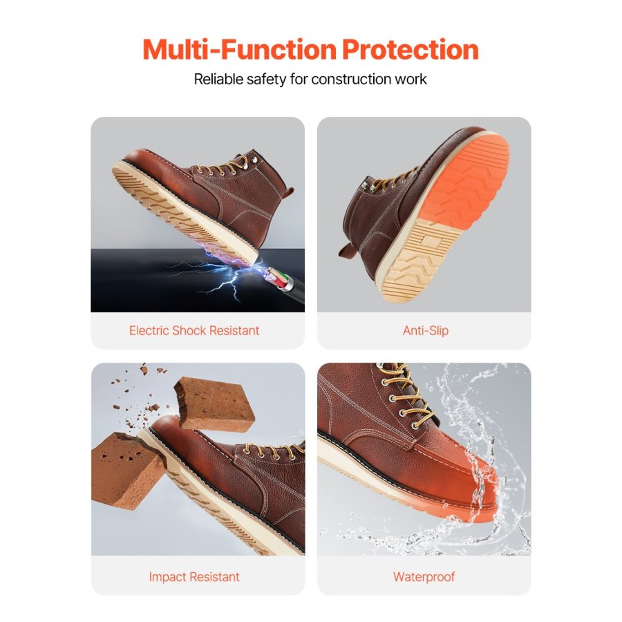 VEVOR Steel Toe Work Boots, UK Size 9.5, Waterproof Moc Toe Work Boots for Men, Slip-Resistant Work Boot, Lightweight and Breathable EVA Rubber Sole Mens Boots for Industry Construction, Brown