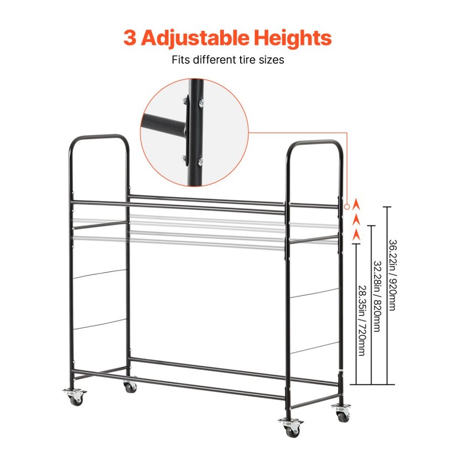 VEVOR Rolling Tire Storage Rack, 2-Shelf Tire Holder and Transport Trailer for Garage, Heavy-Duty Steel Tire Storage Cart with Wheel, Adjustable Height & Protective Cover, Hold up to 12 Standard Tires