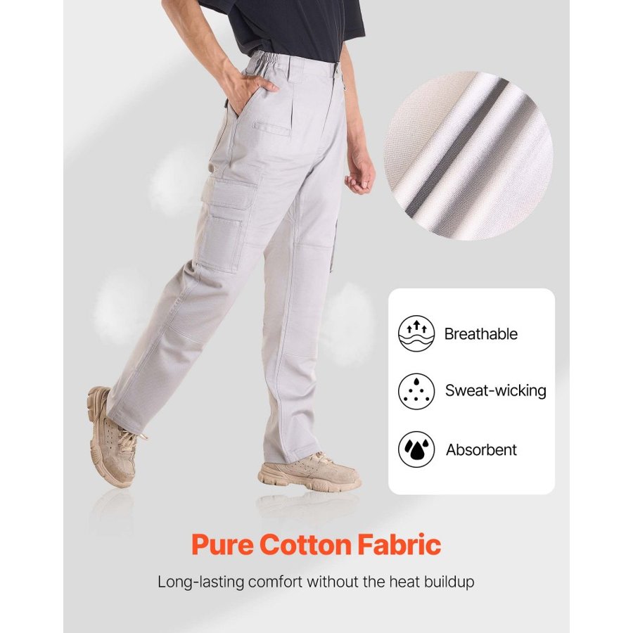 VEVOR FR Pants for Men, 100% Cotton, Flame-Resistant Cargo Pants with Multi-Pockets and Elastic Waist, Reinforced Tear-proof Stitching, Ideal for Welding Work and Casual Wear, L Size, Gray