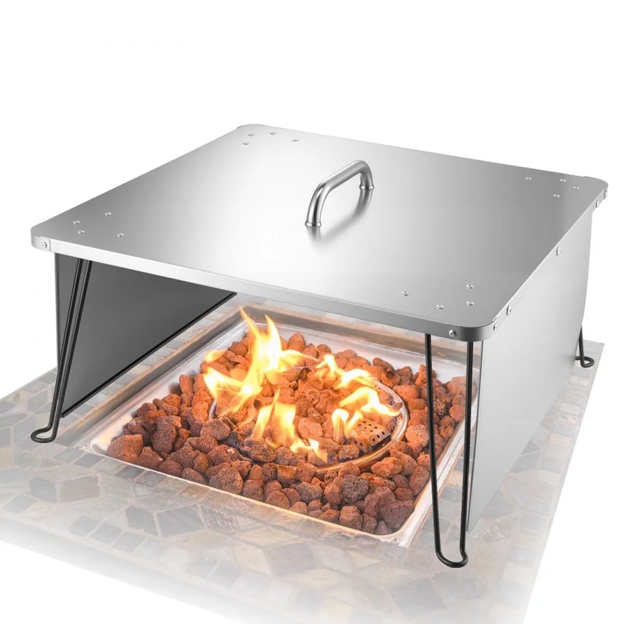 VEVOR Fire Pit Heat Deflector, 645x645x370 mm Square Outdoor Burner Cover, Stainless Steel Bonfire Camping Wood Burning, Push Heat Down and Out with 4 Foldable Legs & Carrying Handle