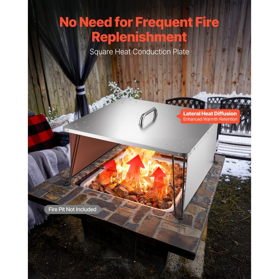 VEVOR Fire Pit Heat Deflector, 645x645x370 mm Square Outdoor Burner Cover, Stainless Steel Bonfire Camping Wood Burning, Push Heat Down and Out with 4 Foldable Legs & Carrying Handle