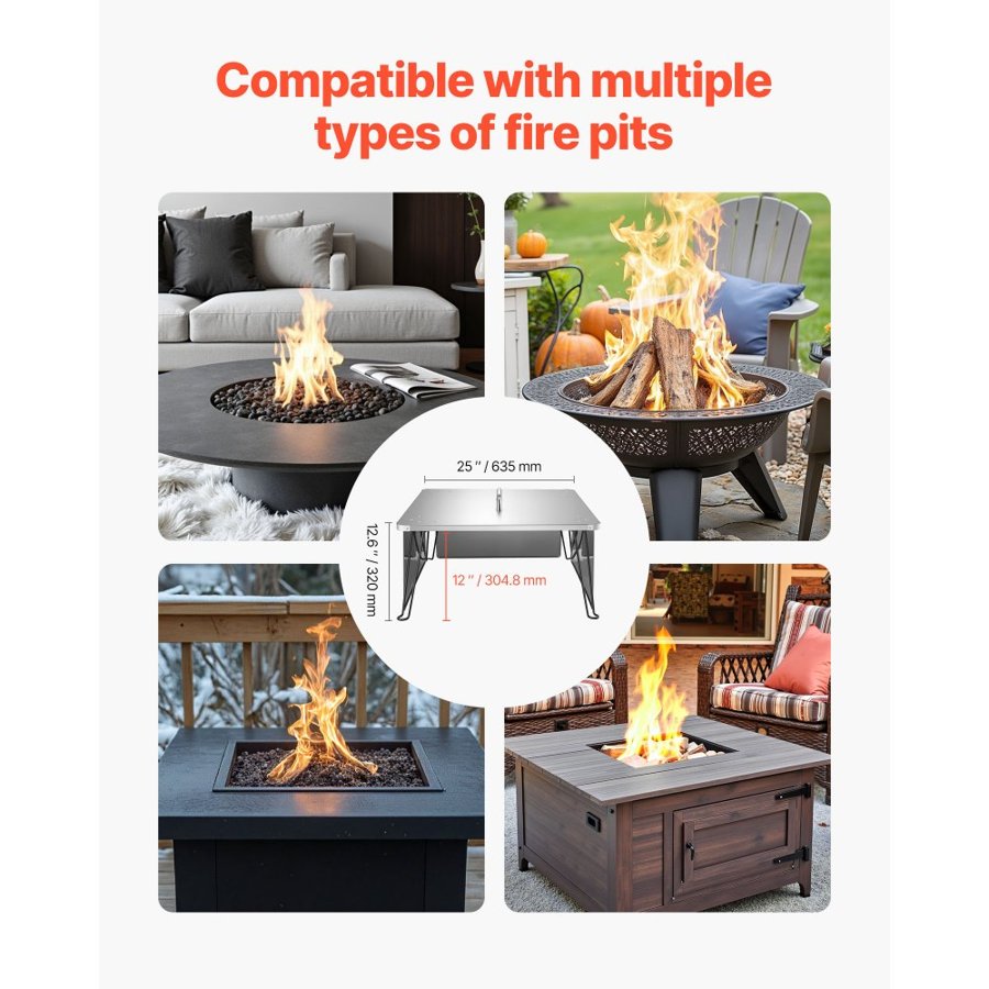 VEVOR Fire Pit Heat Deflector, 645x645x370 mm Square Outdoor Burner Cover, Stainless Steel Bonfire Camping Wood Burning, Push Heat Down and Out with 4 Foldable Legs & Carrying Handle