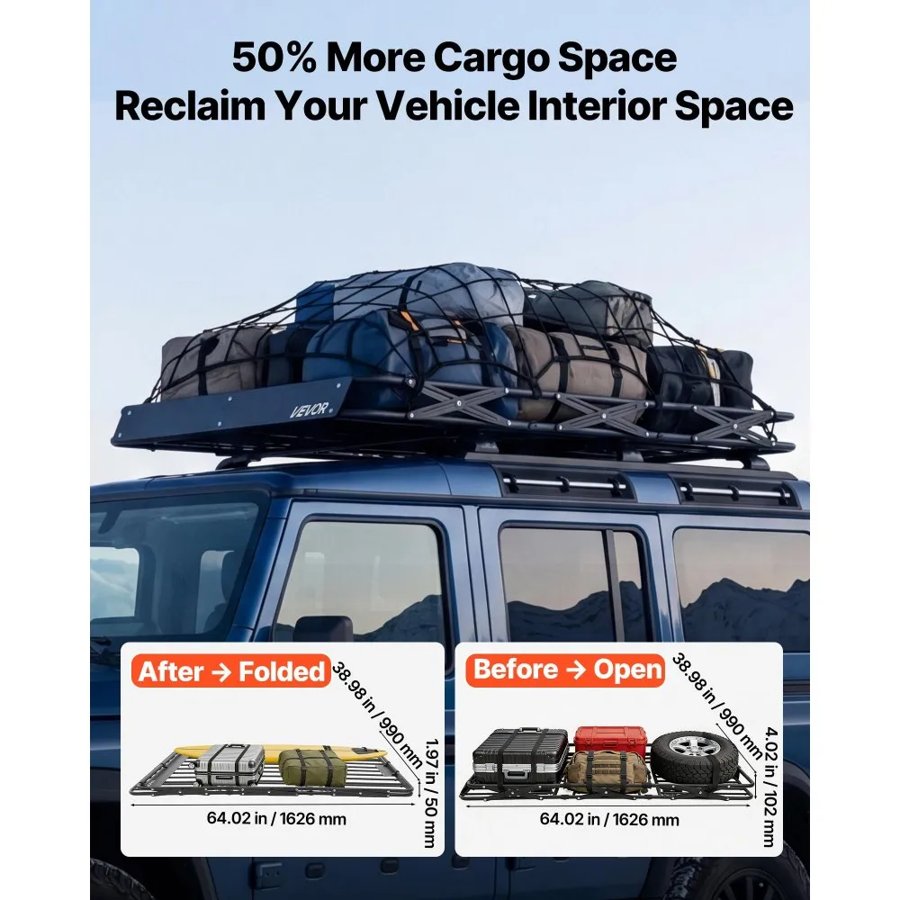 VEVOR Roof Rack Cargo Basket, 1626 x 990 x 102 mm, Heavy Duty Roof Top Carrier Basket with Folding Design, 90.72 kg Capacity, All-Weather Easy-Install Car Top Luggage Holder, Universal for SUV Truck