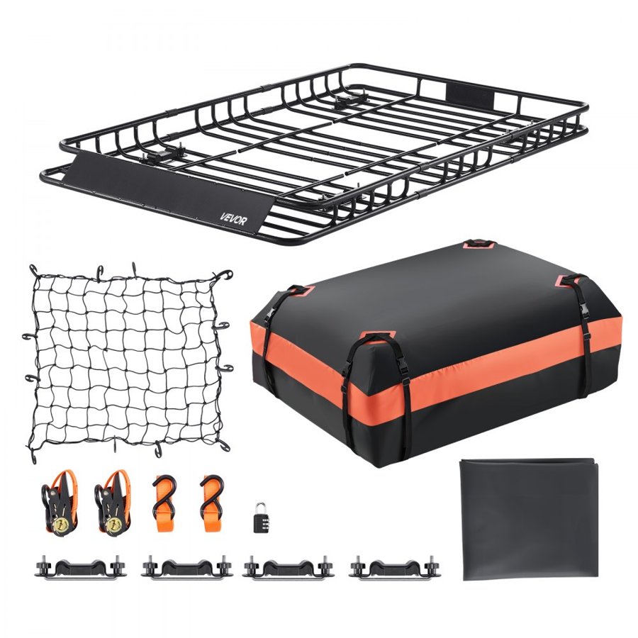 VEVOR Roof Rack Basket, 1625 x 990 x 105 mm, Universal Rooftop Cargo Carrier with 1120 x 870 x 260 mm Cargo Bag, Net, Ratchet Straps, 113.4 kg Max Load Capacity Car Top Luggage Holder, for SUV Car