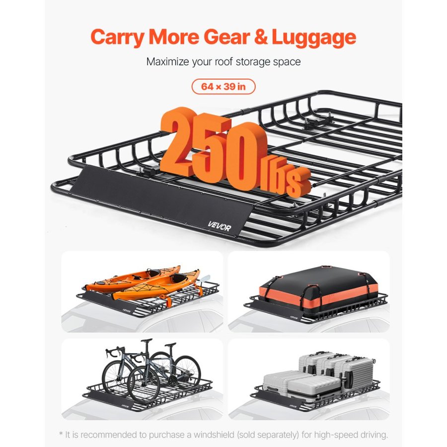 VEVOR Roof Rack Basket, 1625 x 990 x 105 mm, Universal Rooftop Cargo Carrier with 1120 x 870 x 260 mm Cargo Bag, Net, Ratchet Straps, 113.4 kg Max Load Capacity Car Top Luggage Holder, for SUV Car