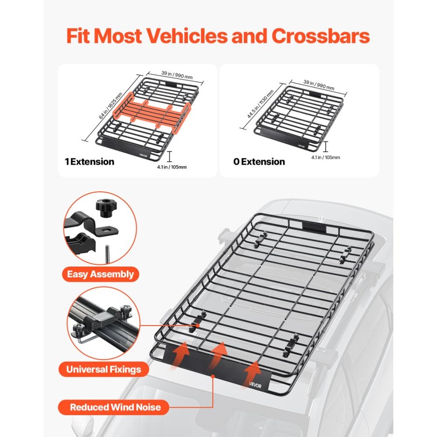 VEVOR Roof Rack Basket, 1625 x 990 x 105 mm, Universal Rooftop Cargo Carrier with 1120 x 870 x 260 mm Cargo Bag, Net, Ratchet Straps, 113.4 kg Max Load Capacity Car Top Luggage Holder, for SUV Car