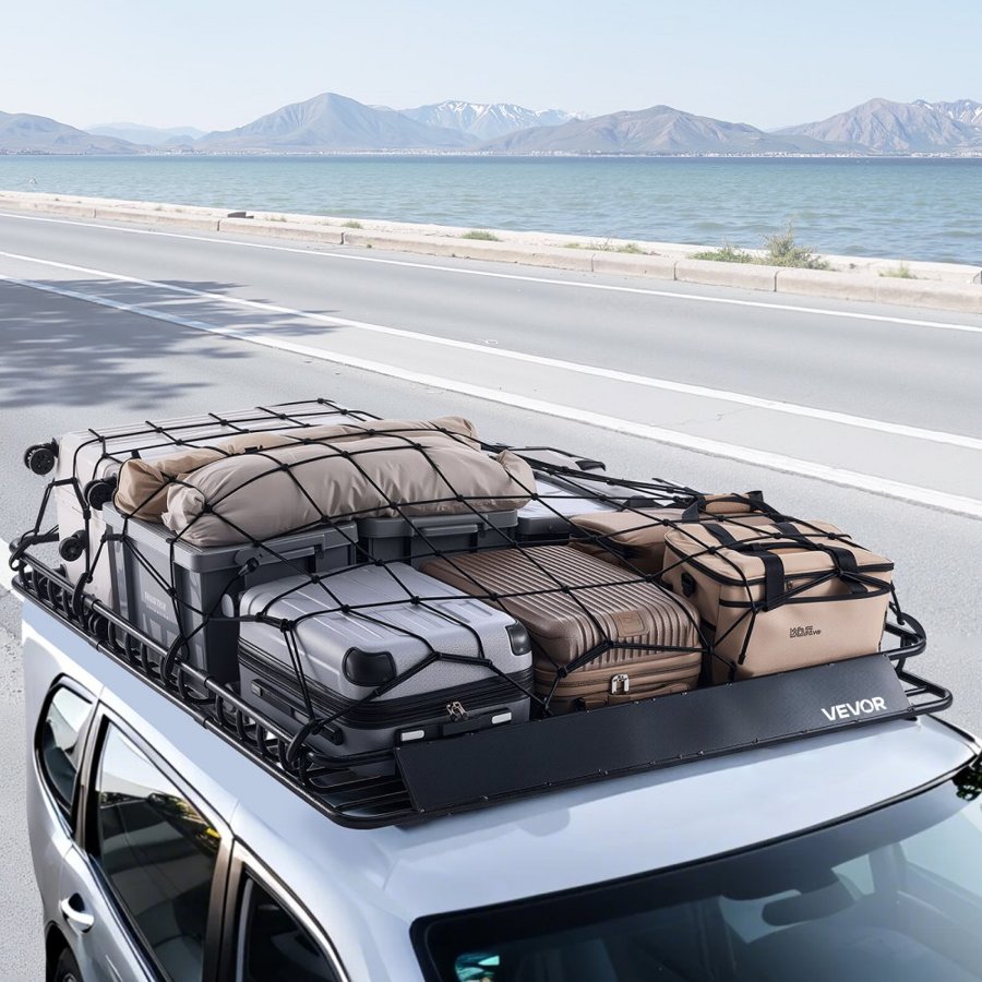 VEVOR Roof Rack Basket, 1630 x 1270 x 105 mm, Universal Rooftop Cargo Carrier with Two 900 x 1000 mm Cargo Net, 68 kg Max Car Top Luggage Holder, 4.1 in Fence, Anti-Rust Alloy Steel, for SUV Truck Car