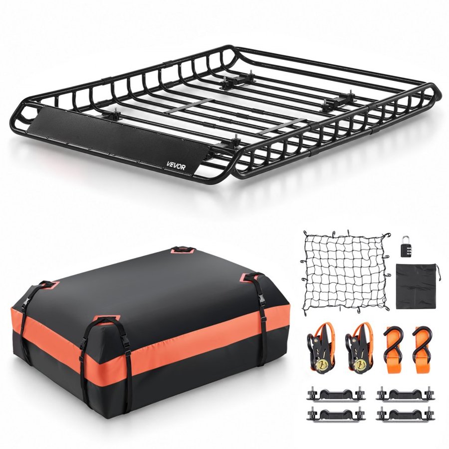 VEVOR Roof Rack Basket, 1300 x 910 x 105 mm, Universal Rooftop Cargo Carrier with 44.1 x 34.3 x 10.2 in Cargo Bag, Net, Ratchet Straps, 90.7 kg Max Load Capacity Car Top Luggage Holder, for SUV Car