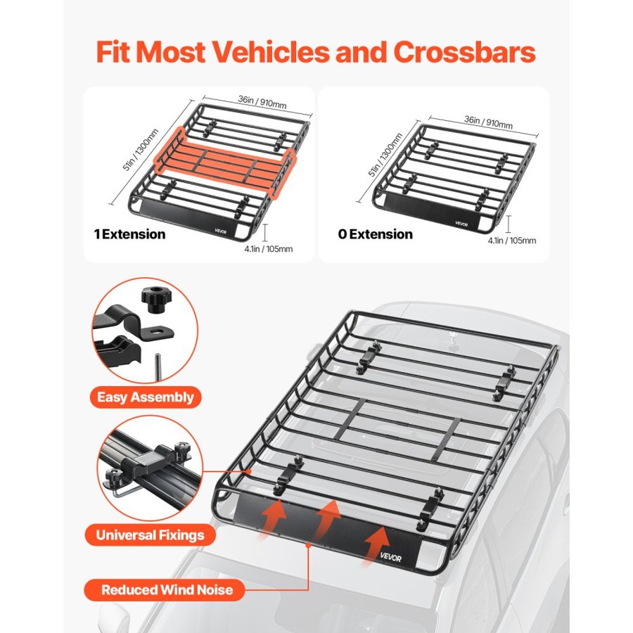 VEVOR Roof Rack Basket, 1300 x 910 x 105 mm, Universal Rooftop Cargo Carrier with 44.1 x 34.3 x 10.2 in Cargo Bag, Net, Ratchet Straps, 90.7 kg Max Load Capacity Car Top Luggage Holder, for SUV Car