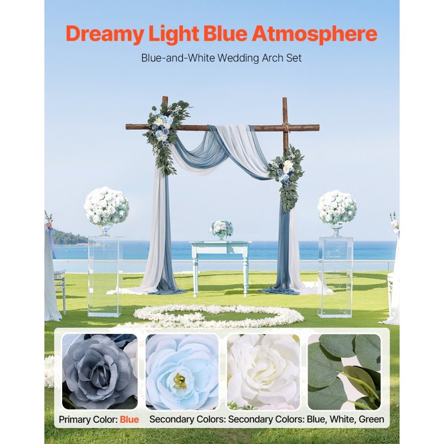 VEVOR Artificial Wedding Arch Flowers Kit, Blue Wedding Arch Flowers with Drapes Kit (Pack of 4) - 2 Pcs Floral Arrangement, 2 Pcs Sheer Drapes, for Ceremony Bouquets Reception Backdrop Decoration