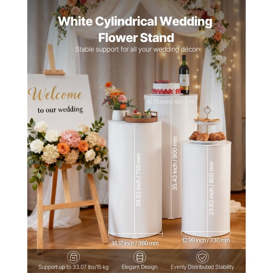 VEVOR Cylinder Plinth Stand – 3PCS, PVC, 23.62–35.43 In