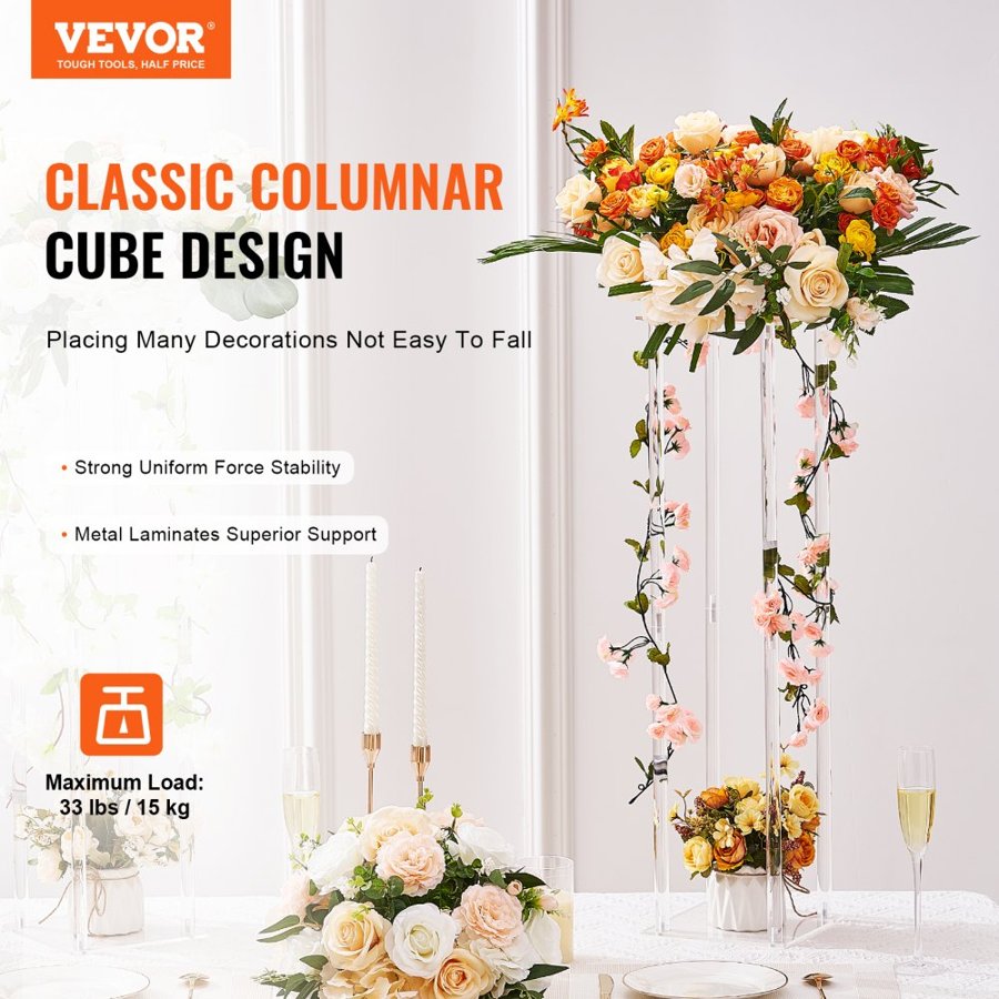 VEVOR 10PCS 23.6inch/60cm High Wedding Flower Stand, With Acrylic Laminate,Acrylic Vase Column Geometric Centerpiece Stands, Floral Display Rack for T-Stage Events Reception, Party Decoration Home