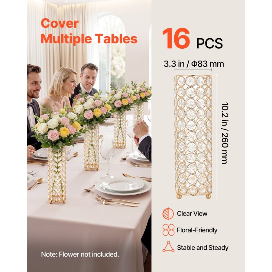 VEVOR Crystal Flower Vases – 16 PCS, 26 cm Gold Cylinder Set