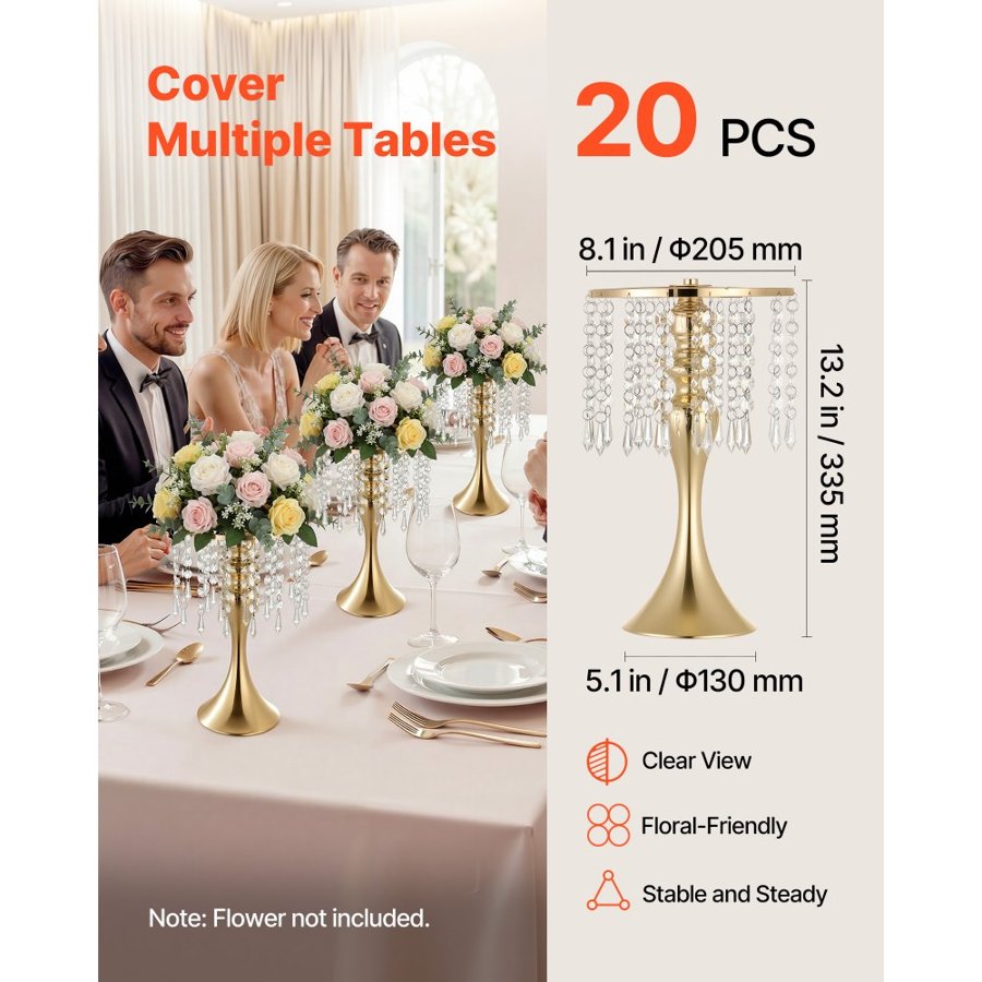 VEVOR 20 PCS Wedding Flower Vase, 33.5 cm Tall Flower Table Centerpieces, Crystal Banquet Vases Easy Installation, Electroplated Finish, Versatile Arrangement Stand for Party Events Home Decor, Gold