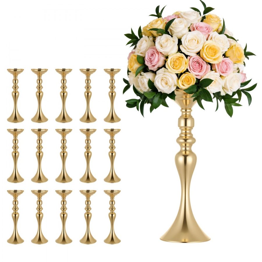 VEVOR 16 PCS Wedding Flower Vase, 38 cm Tall Flower Table Centerpieces, Crystal Banquet Vases Easy Installation, Electroplated Versatile Arrangement Stand for Party Events Home Decor Reception, Gold