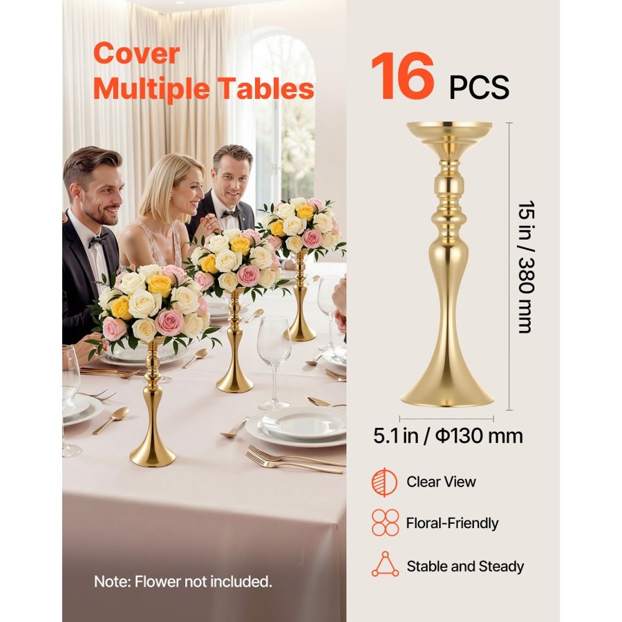 VEVOR 16 PCS Wedding Flower Vase, 38 cm Tall Flower Table Centerpieces, Crystal Banquet Vases Easy Installation, Electroplated Versatile Arrangement Stand for Party Events Home Decor Reception, Gold