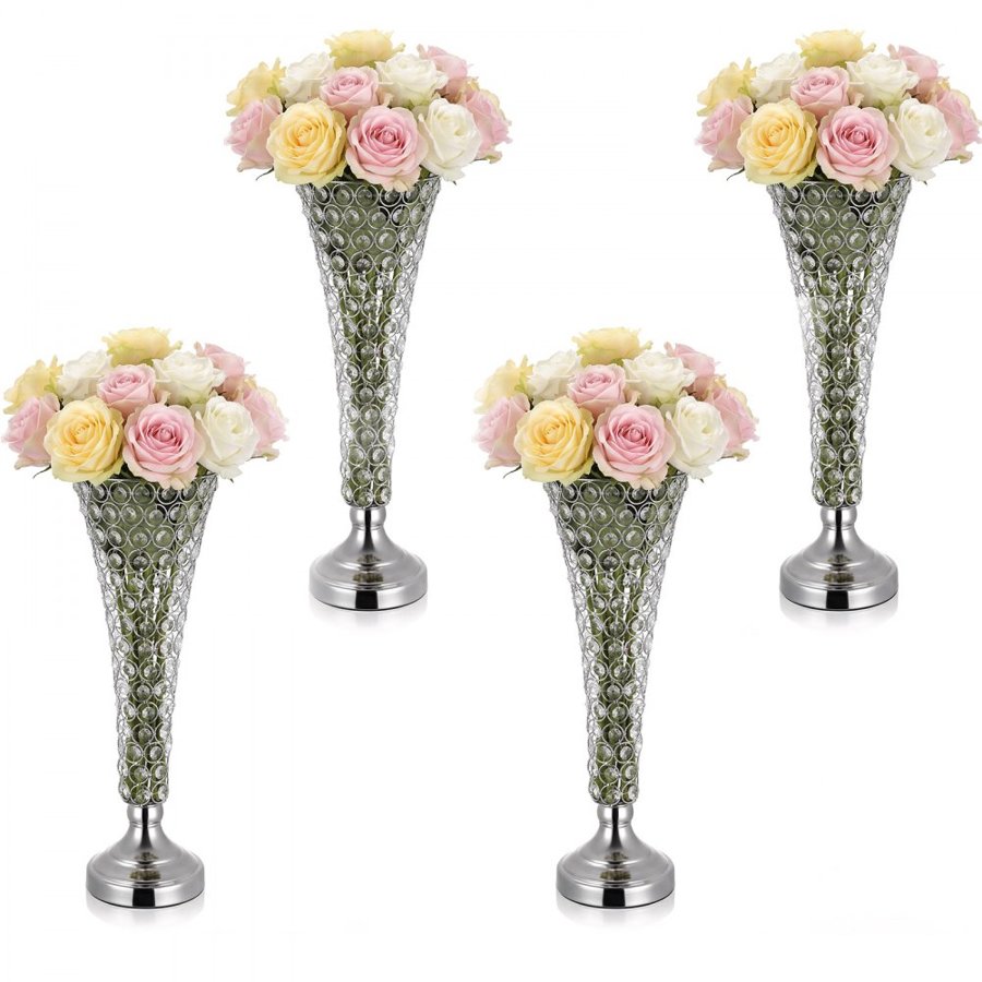 VEVOR 4 PCS Crystal Wedding Flower Vase, 51 cm Tall Flower Table Centerpieces, Crystal Cylinder Banquet Vases Easy Installation, Versatile Arrangement Stand for Party Events Room Home Decor, Silver