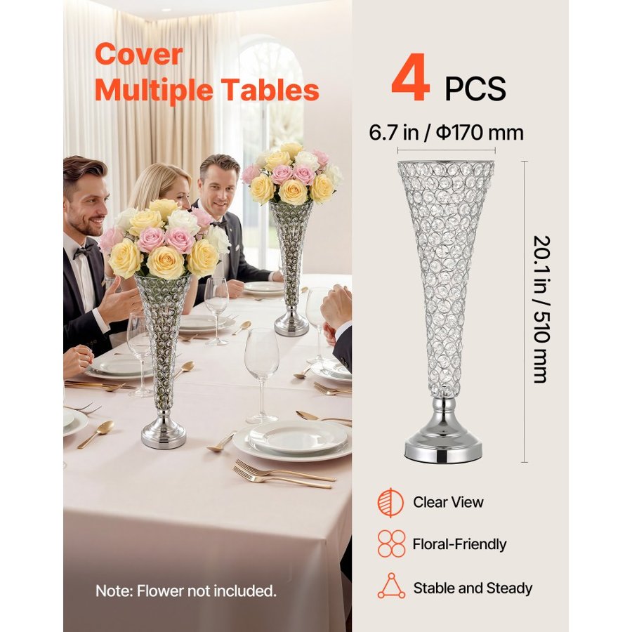 VEVOR 4 PCS Crystal Wedding Flower Vase, 51 cm Tall Flower Table Centerpieces, Crystal Cylinder Banquet Vases Easy Installation, Versatile Arrangement Stand for Party Events Room Home Decor, Silver
